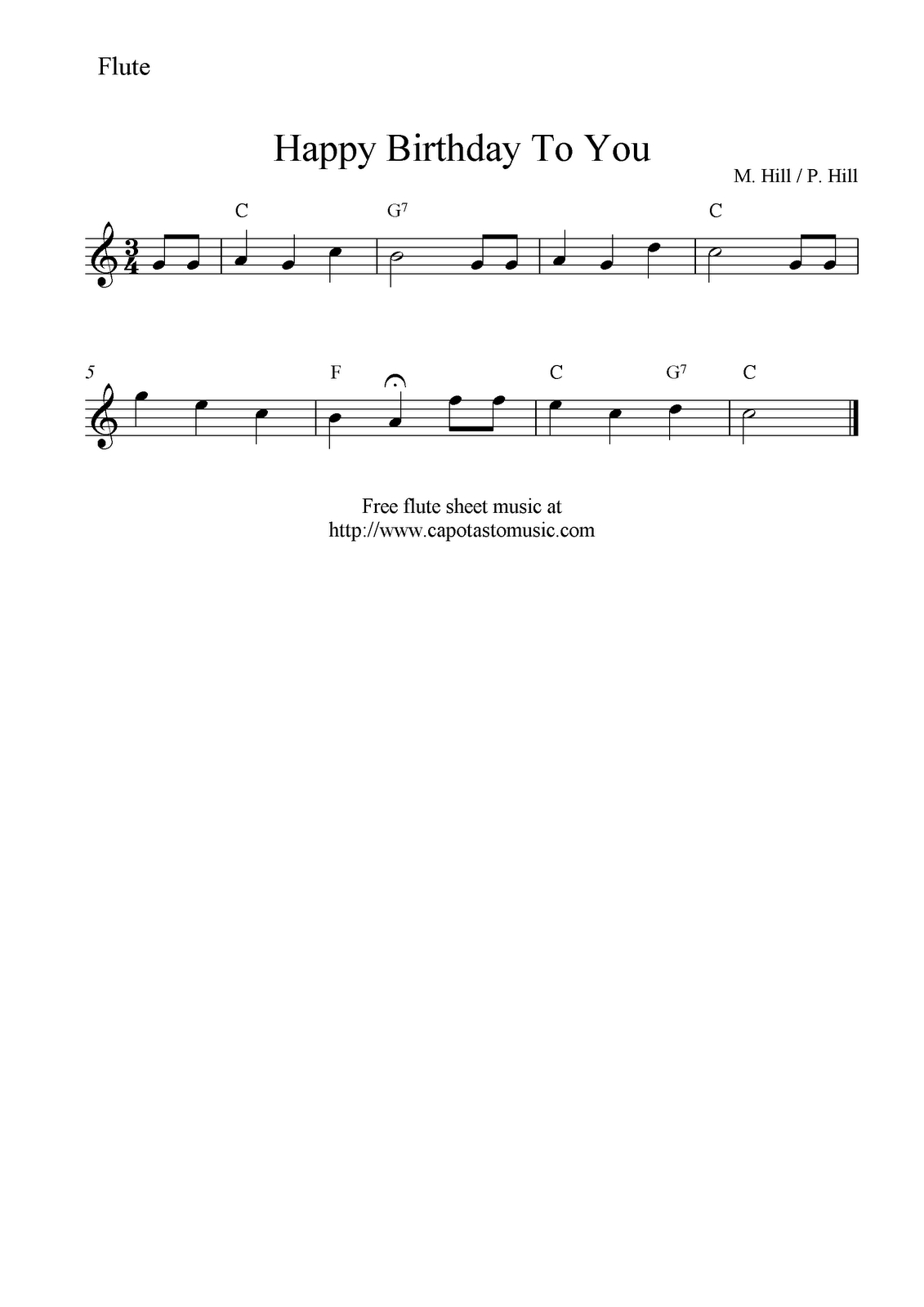 Free Sheet Music Scores: Happy Birthday To You, Free Flute Sheet - Free Printable Flute Sheet Music