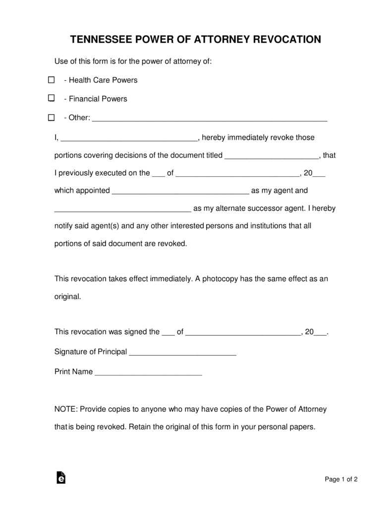 Free Tennessee Revocation Of Power Of Attorney Form - Word | Pdf - Free Printable Revocation Of Power Of Attorney Form
