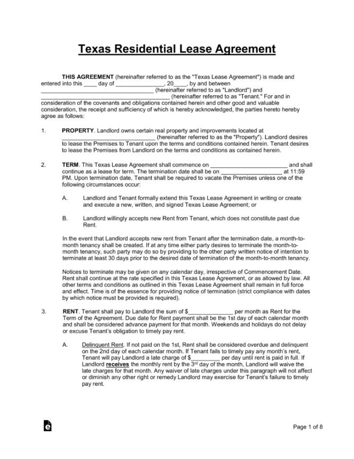 free texas standard residential lease agreement template pdf free
