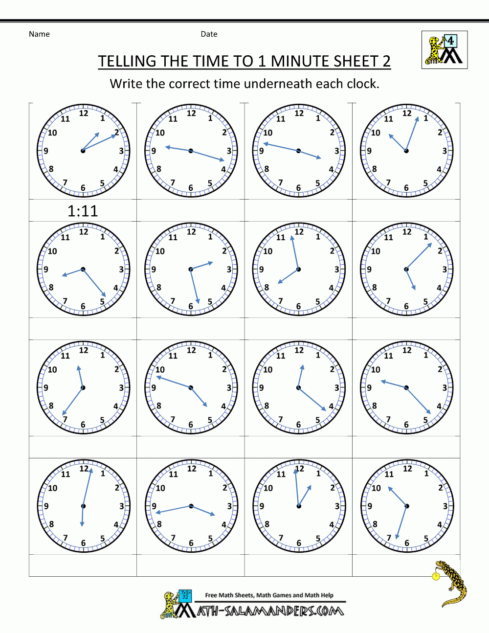 Free Time Worksheets Telling The Time To 1 Min 2 | Telling Time - Free Printable Time Worksheets For Kindergarten