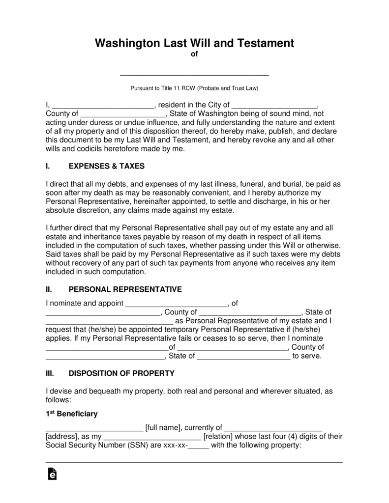 Free Washington Last Will And Testament Template - Pdf | Word - Free Printable Living Will Forms Washington State