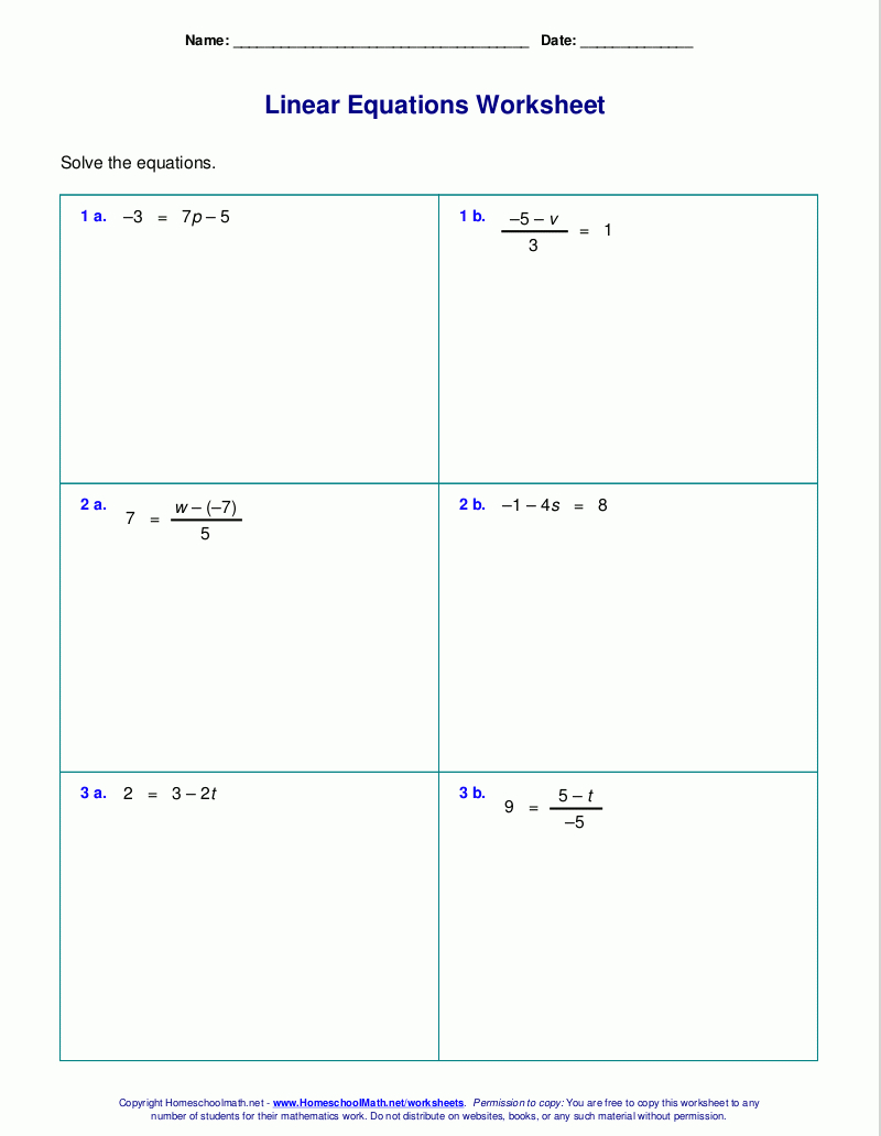Free Worksheets For Linear Equations (Grades 6-9, Pre-Algebra - Free Printable Integer Worksheets Grade 7