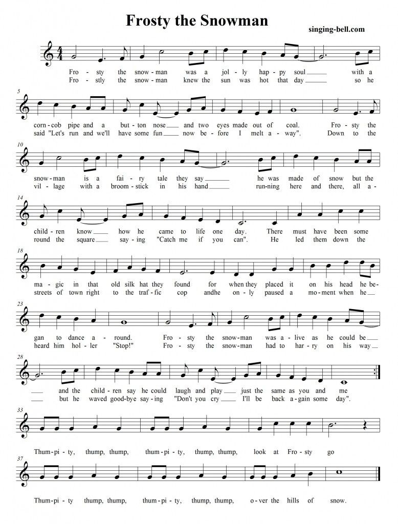 Free Printable Frosty The Snowman Sheet Music 