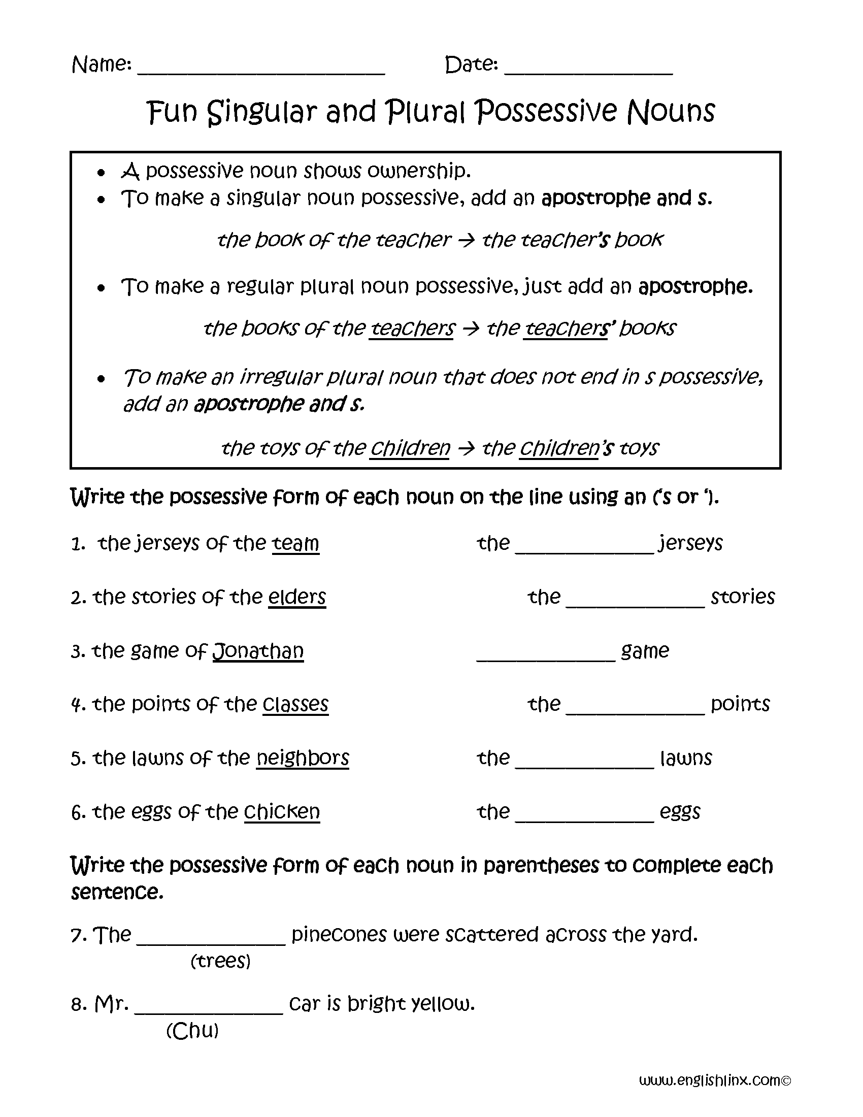 13 Best Images Of Free Printable Worksheets Possessive Possessive Nouns Worksheet For Grade 3