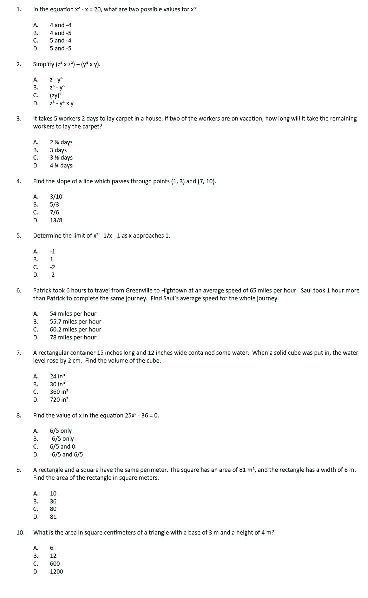 ged math practice test questions