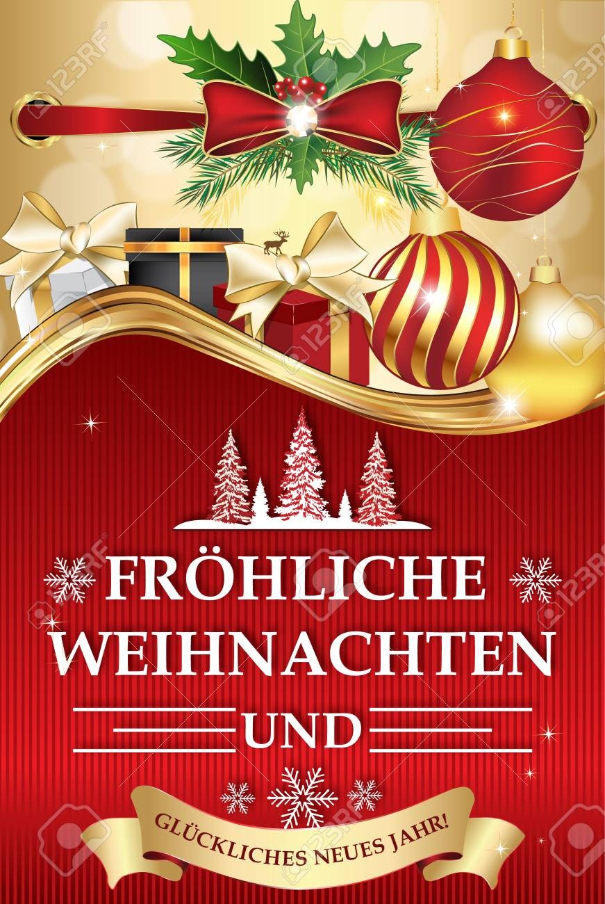 Golden Red Greeting Card For Winter Season With Text In German - Free Printable German Christmas Cards