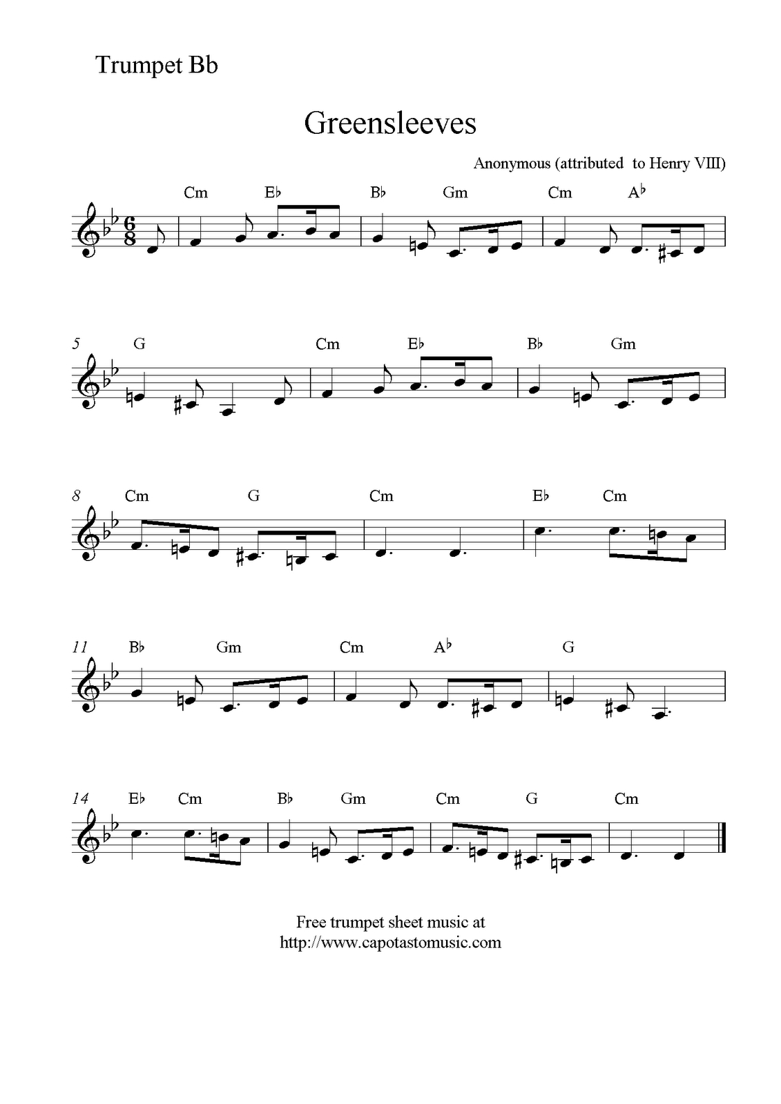 Greensleeves, Free Trumpet Sheet Music Notes - Free Printable Sheet Music For Trumpet