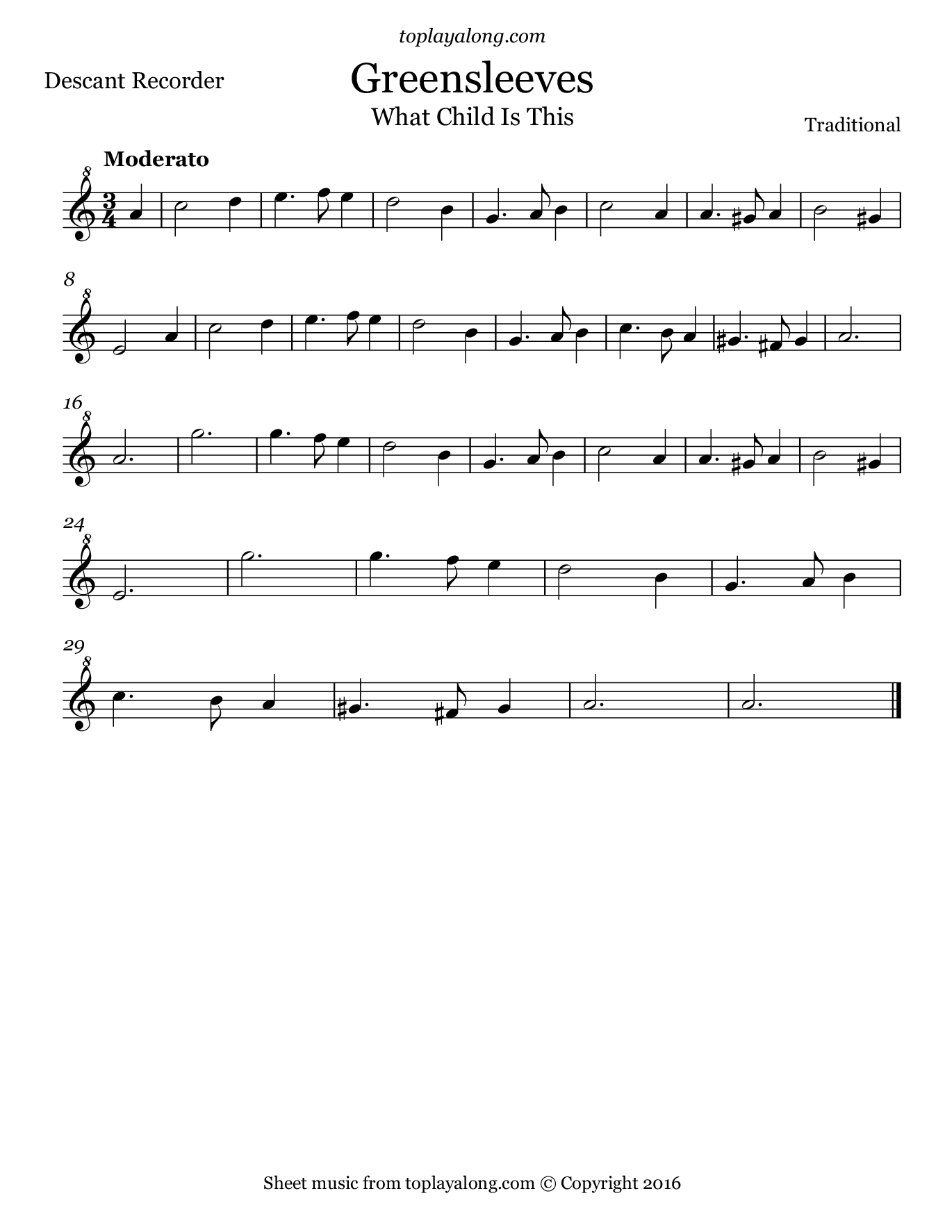 Greensleeves – Toplayalong - Free Printable Recorder Sheet Music For Beginners