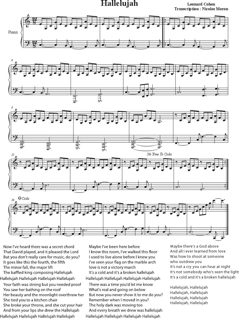Hallelujah - Cohen - Rufus Wainwright - Shrek Best - Sheet Music - Free Printable Piano Sheet Music For Hallelujah By Leonard Cohen