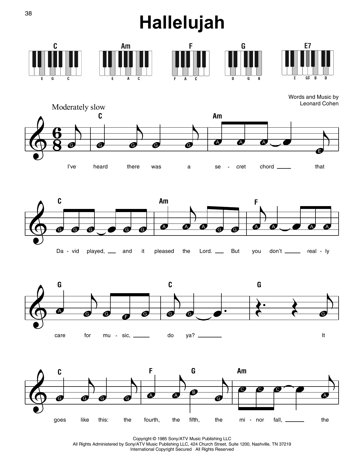 Free Printable Piano Sheet Music For Hallelujah By Leonard Cohen Free