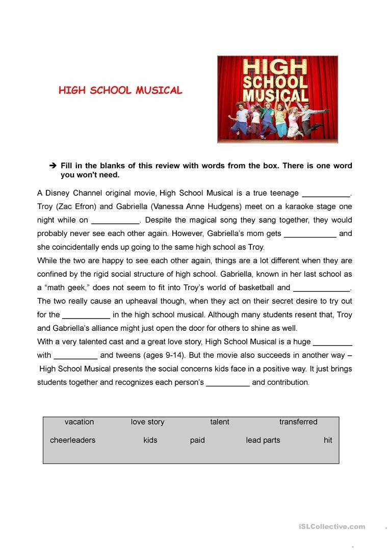 High School Musical Review Worksheet - Free Esl Printable Worksheets - Free Printable Esl Worksheets For High School