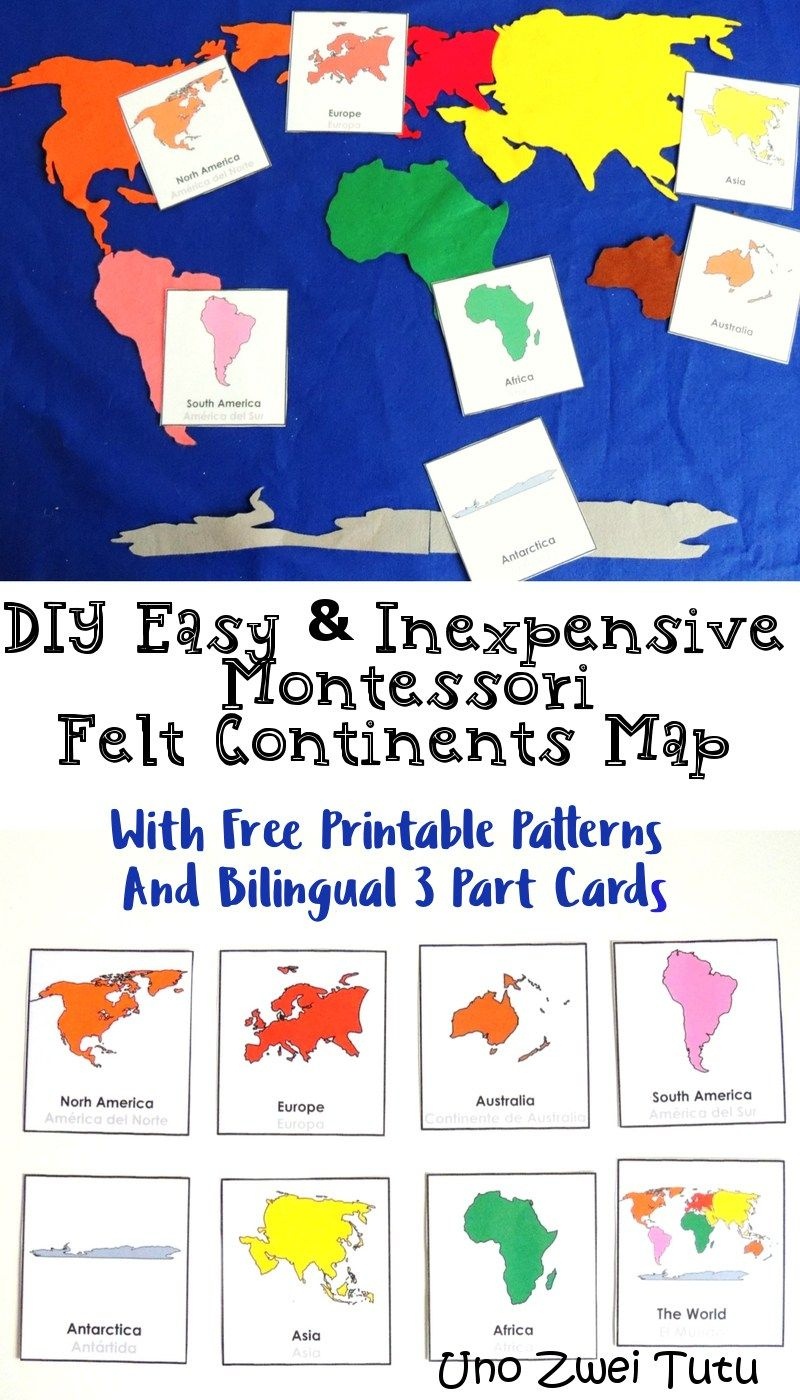 How To Make A Montessori Felt Continent Map With Free 3 Part Cards - Montessori World Map Free Printable