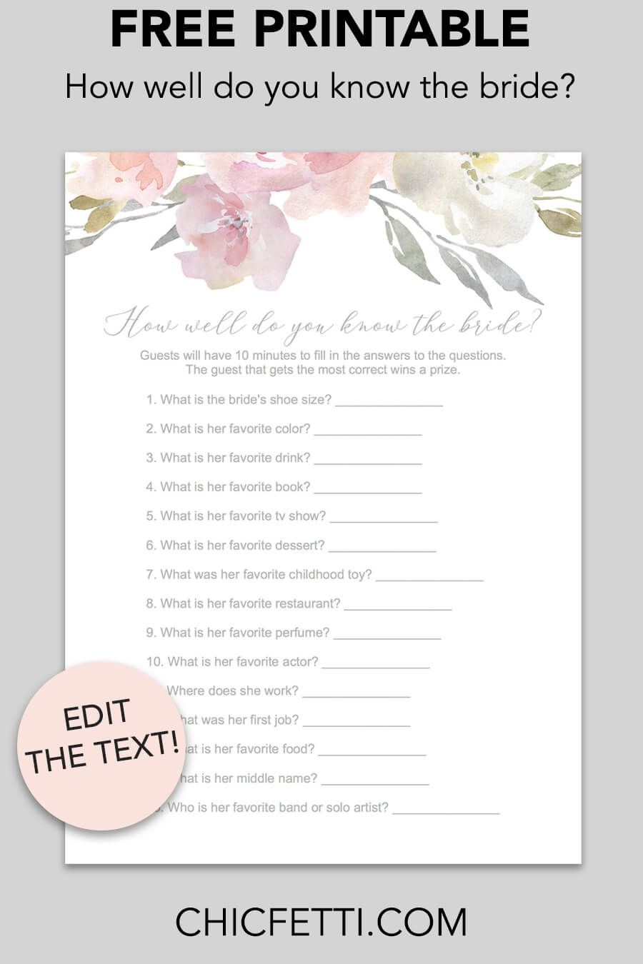 How Well Do You Know The Bride Printable Game (Blush Floral - Free Printable Bridal Shower Cards