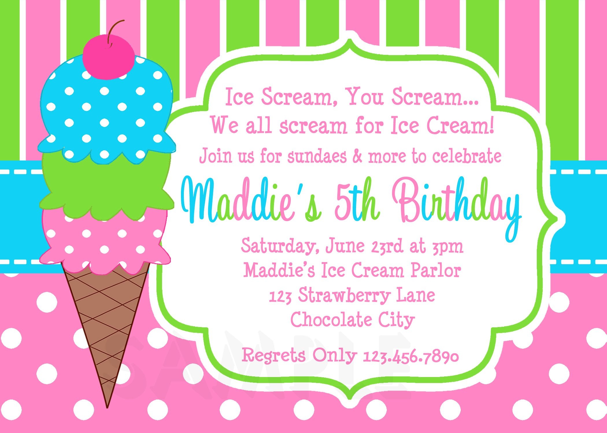 Ice Cream Birthday Party Invitations Pink Green In 2019 | Party - Ice Cream Party Invitations Printable Free