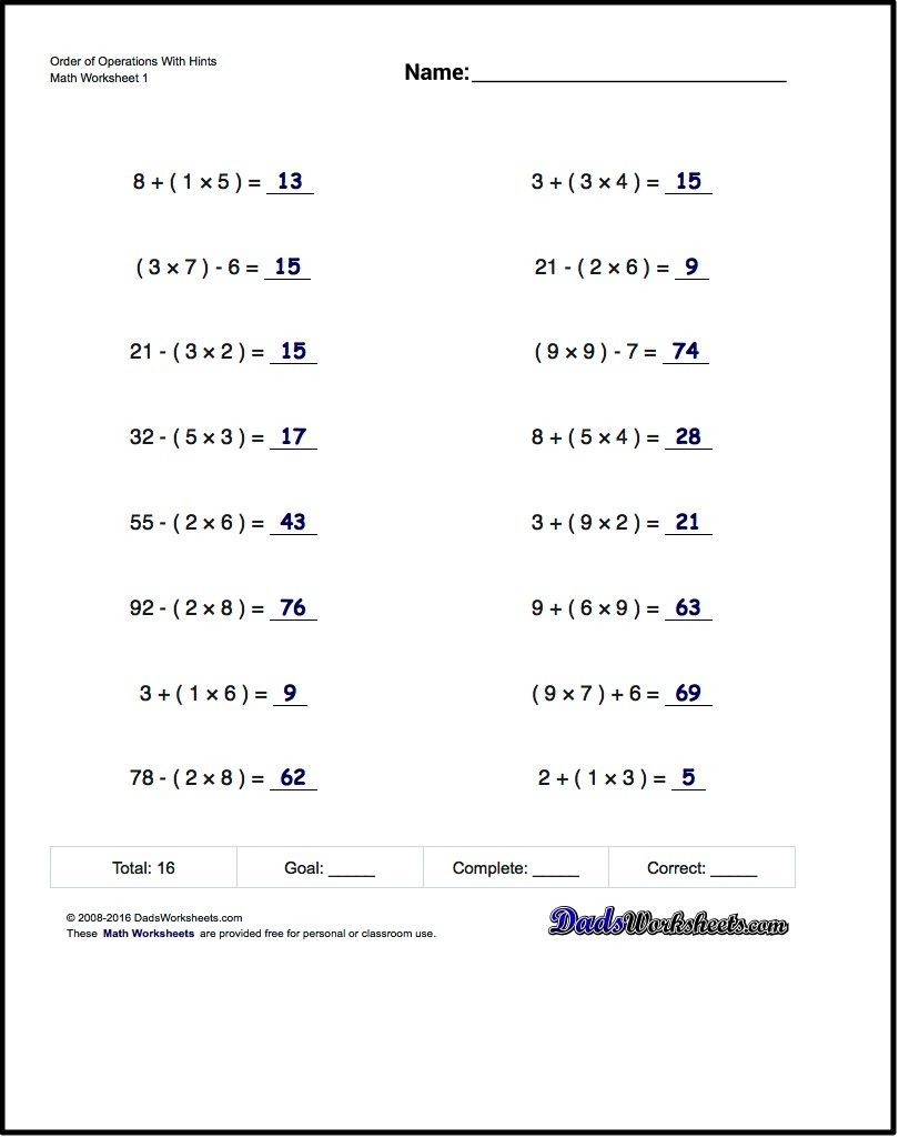 6th Grade Order Of Operations Worksheet