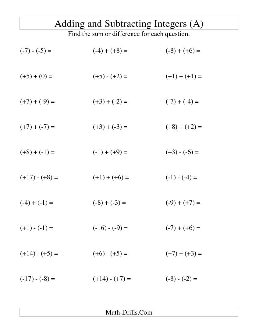 Integer Addition And Subtraction With Parentheses Around All - Free Printable Integer Worksheets Grade 7