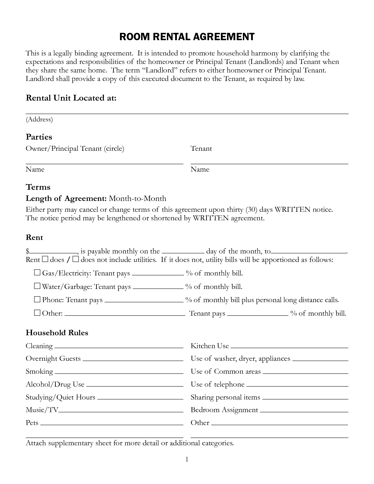 Interesting Room Rental Lease Agreement Form Template With Unit - Free Printable Roommate Rental Agreement