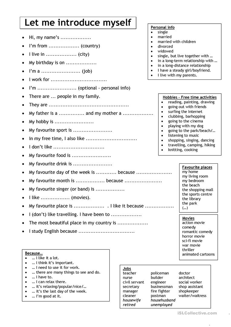 Let Me Introduce Myself (For Adults) Worksheet - Free Esl Printable - Free Printable Esl Worksheets