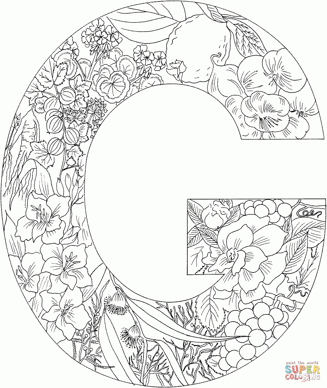 Letter G With Plants Coloring Page | Free Printable Coloring Pages - Free Printable Letter G Coloring Pages