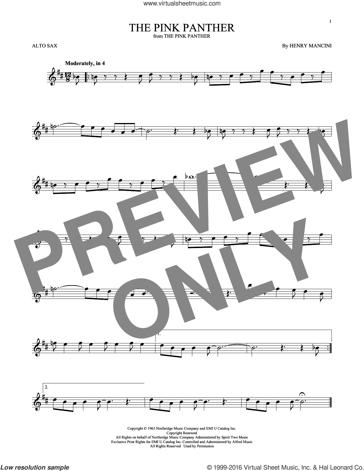 Mancini - The Pink Panther Sheet Music For Alto Saxophone Solo - Free Printable Alto Saxophone Sheet Music Pink Panther