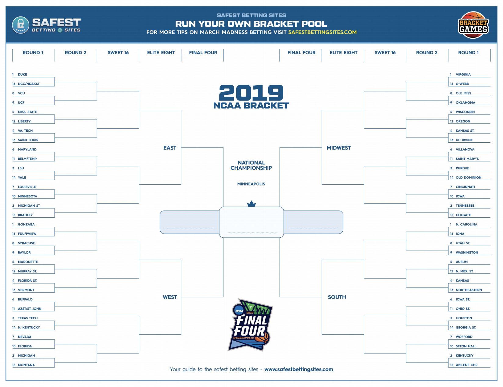 March Madness 2019 Bracket Template Free Printable Pdf Free Printable Brackets Free Printable