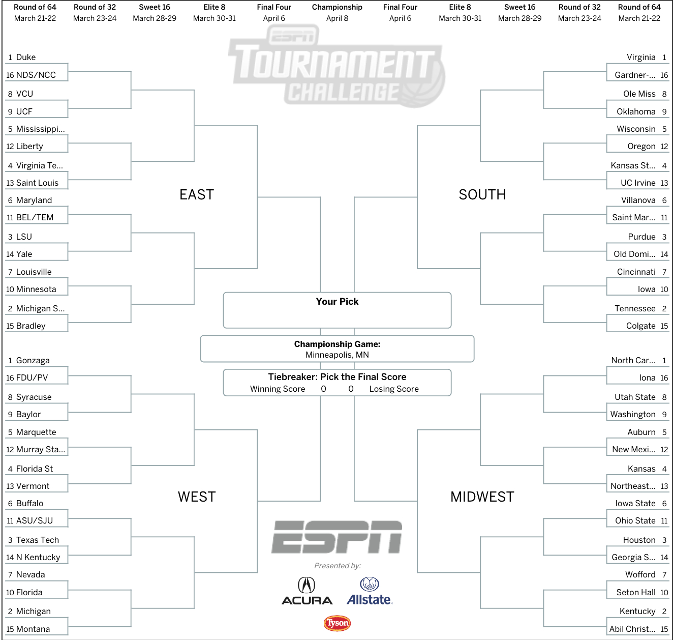 March Madness 2019: Get Your Printable Ncaa Bracket From Espn - Free Printable Brackets