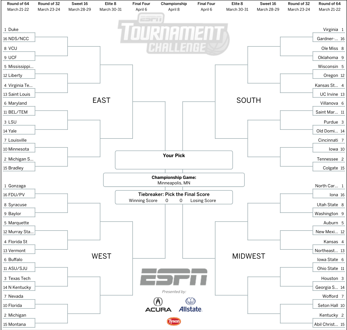 March Madness 2019 Get Your Printable Ncaa Bracket From Espn Free Printable Brackets Free 9679