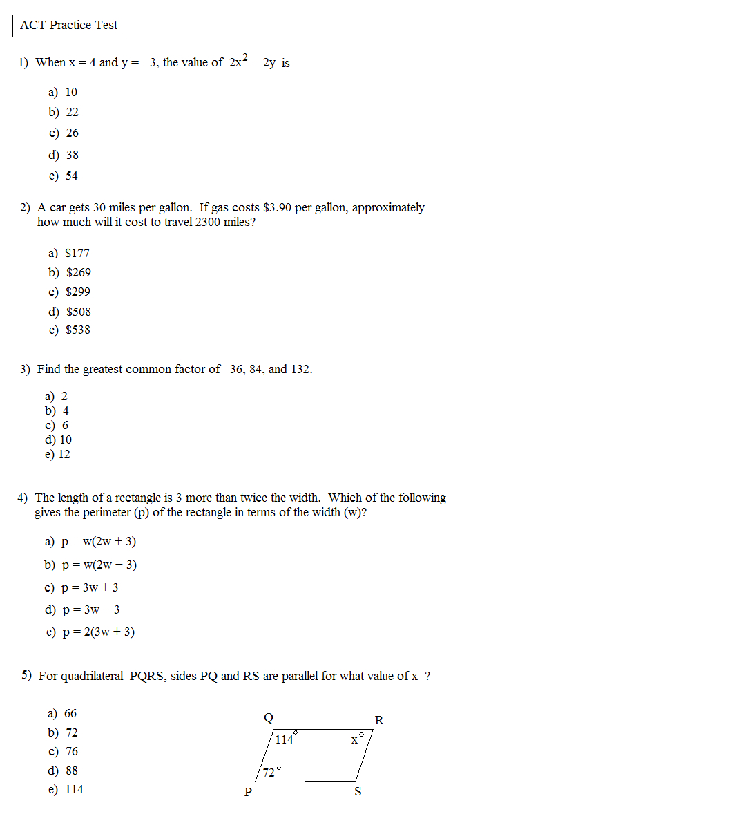 Math Plane - Act Practice Test 1 - Free Printable Act Practice Worksheets