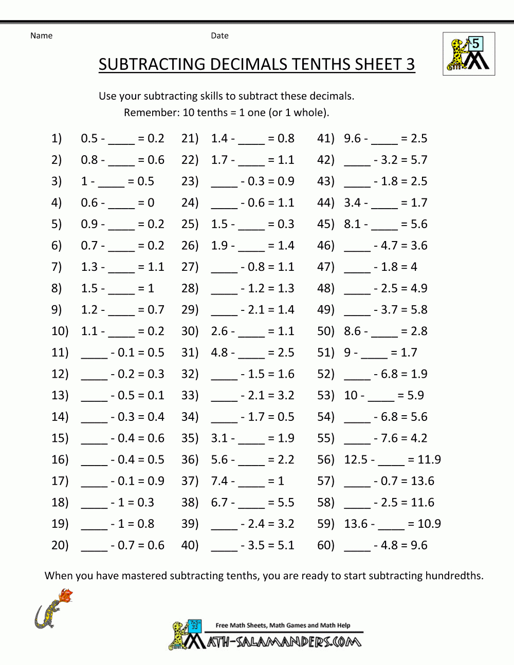 Math Worksheets Decimals Subtraction - Free Printable Math Worksheets