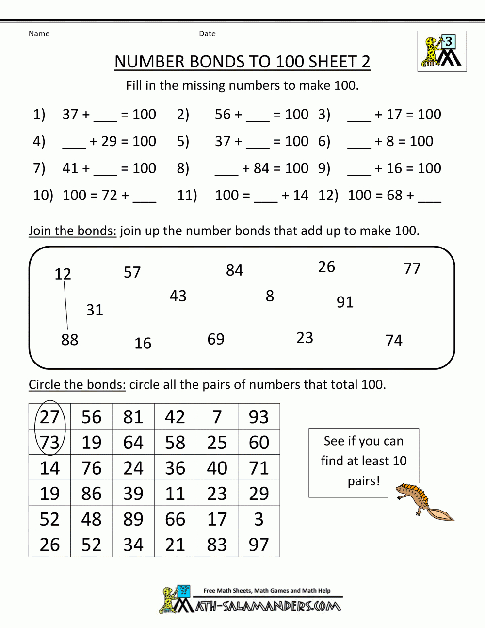 Math Worksheets For Kids - Number Bonds To 100 - Free Printable Number Bonds Worksheets For Kindergarten