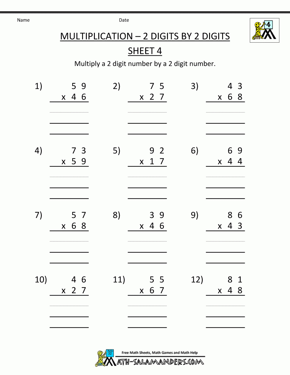 Math Worksheets Printable Multiplication 2 Digits2 Digits 4 - Free Printable Multiplication Worksheets For 4Th Grade