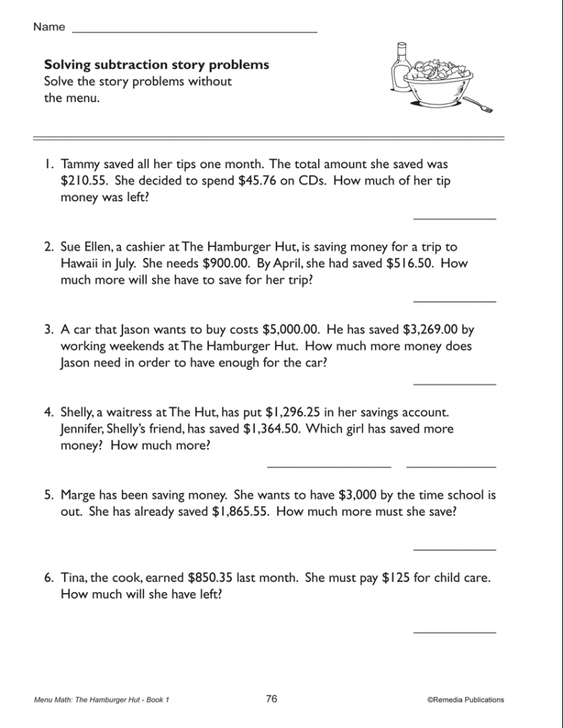 Free Printable Menu Math Worksheets | Free Printable