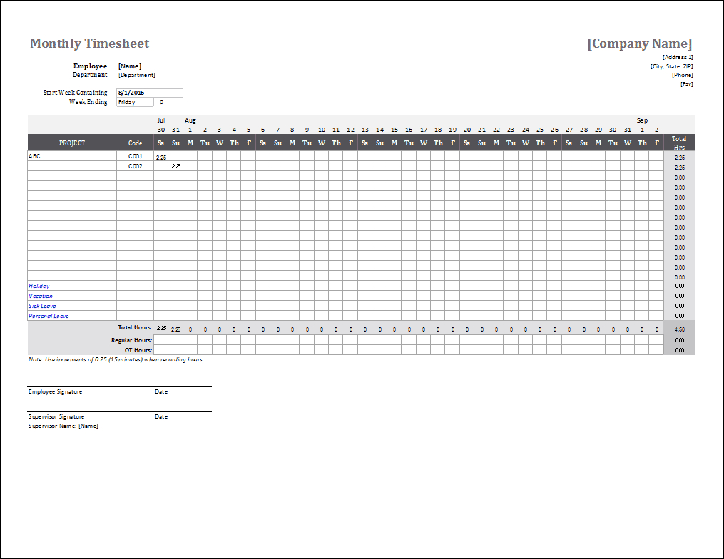 Monthly Timesheet Template For Excel And Google Sheets - Free Printable Time Cards