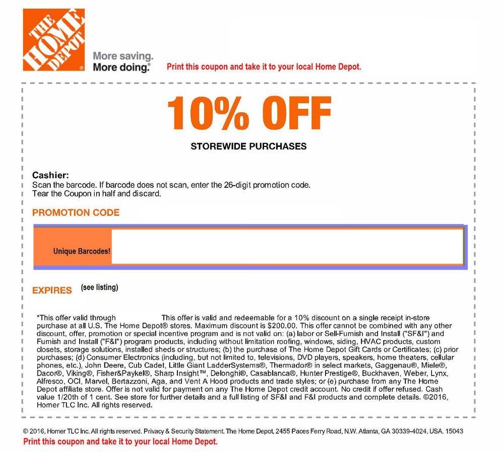 One (1X) Home Depot 10% Off-Coupons Save Up To $200 In Store Only - Free Printable Home Depot Coupons