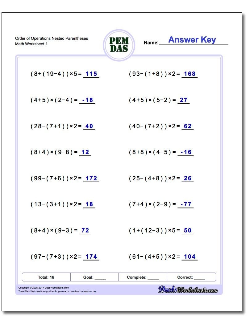 Order Of Operations Worksheet Nested Parentheses! Order Of - Free Printable Math Worksheets 6Th Grade Order Operations