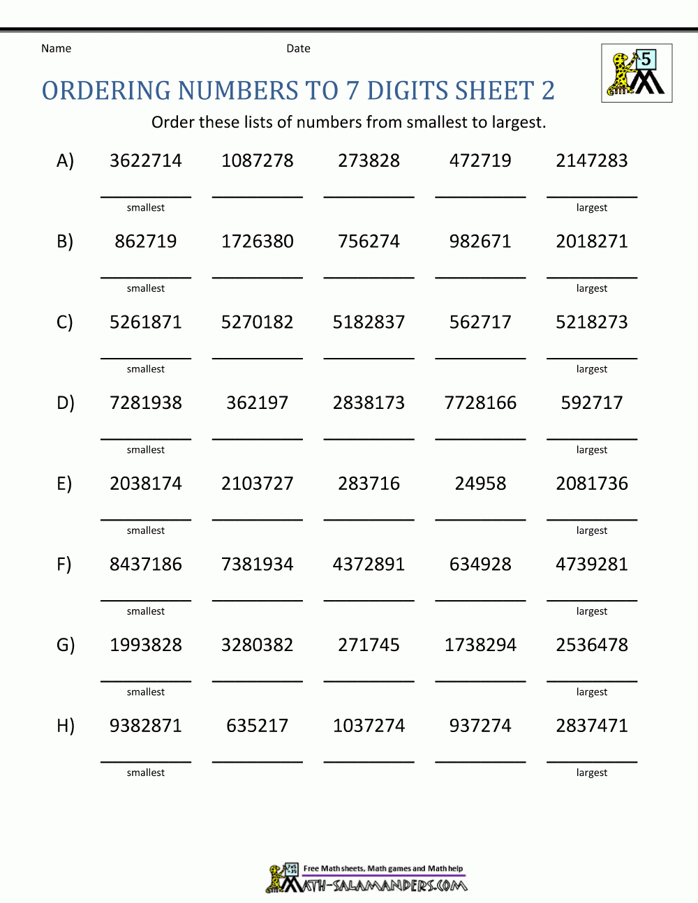 Ordering Large Numbers 5Th Grade - Free Printable Integer Worksheets Grade 7