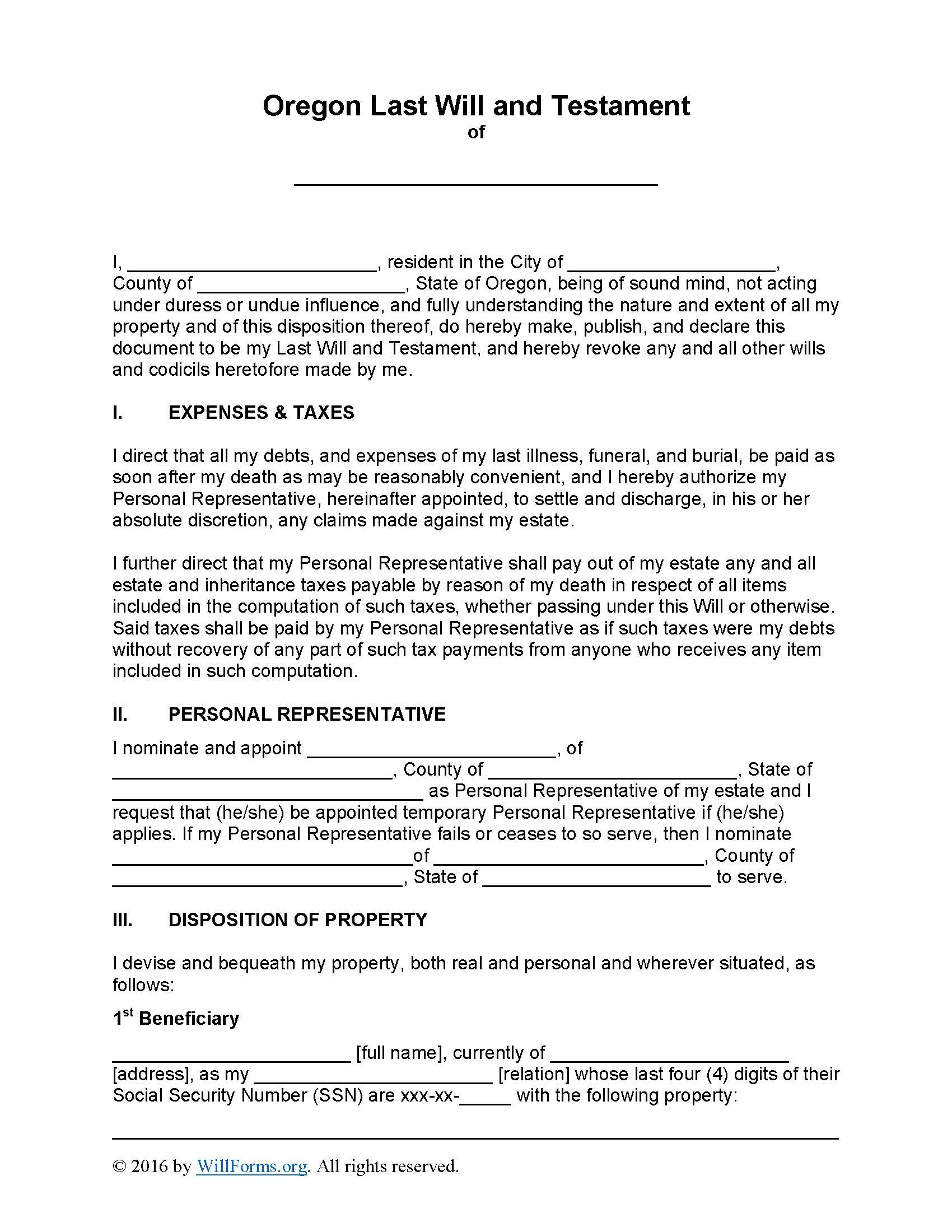 Oregon Last Will And Testament Form - Will Forms : Will Forms - Free Printable Florida Last Will And Testament Form