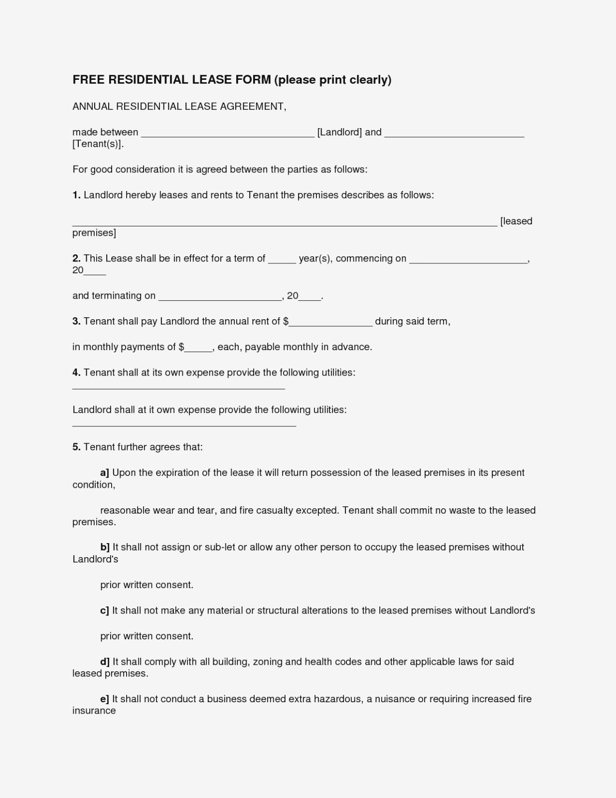 blank lease agreement free printable free printable