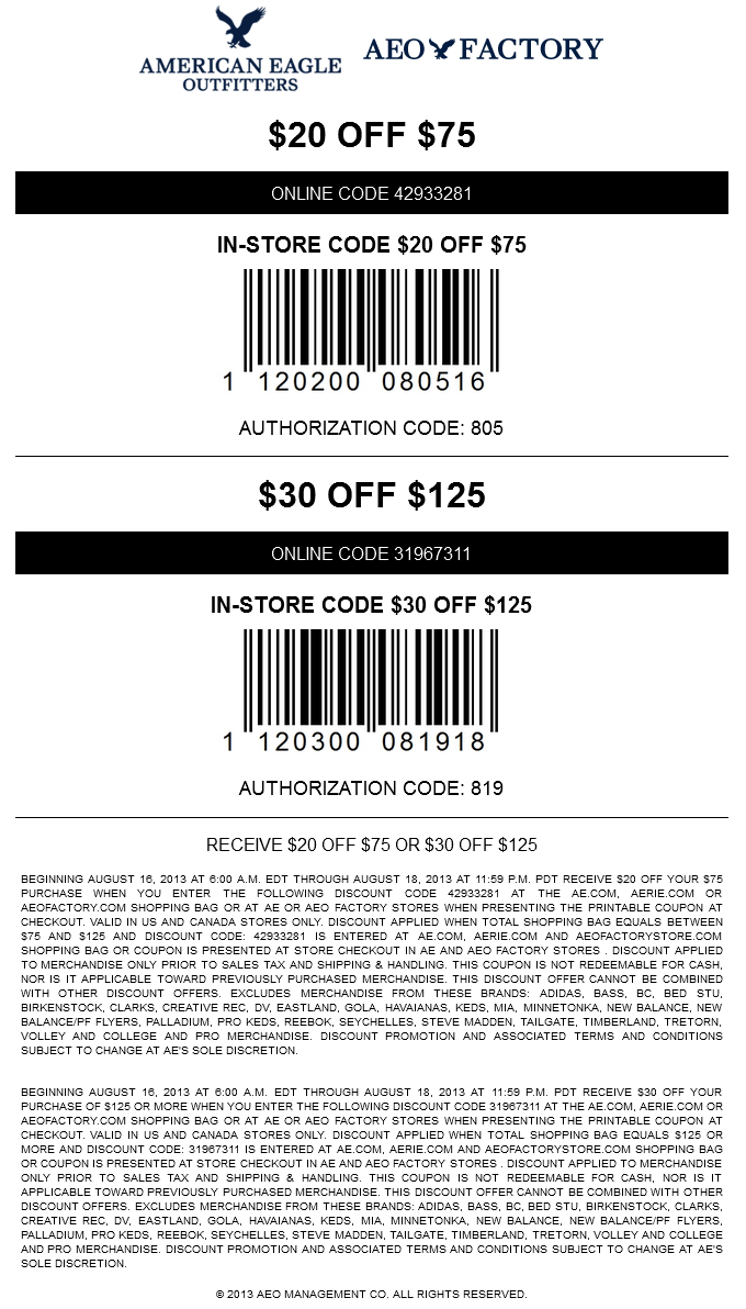 Pinned August 17Th: $20 Off $75 And More At American Eagle - Free Printable American Eagle Coupons