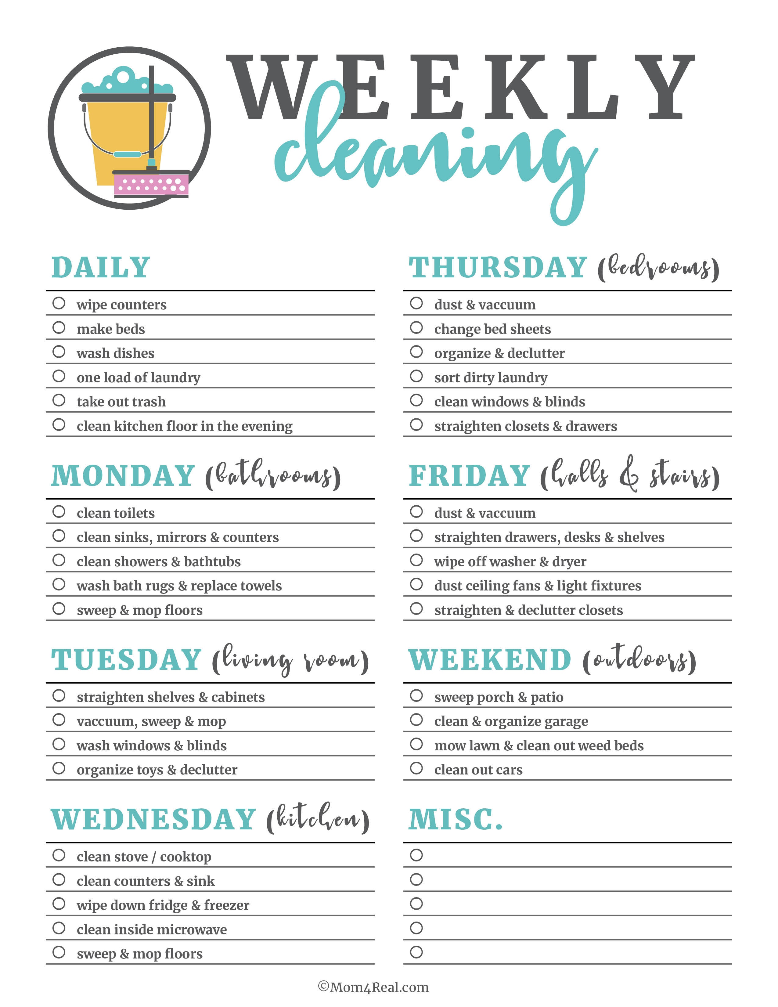 Printable Cleaning Checklists For Daily, Weekly And Monthly Cleaning - Free Printable Housework Checklist