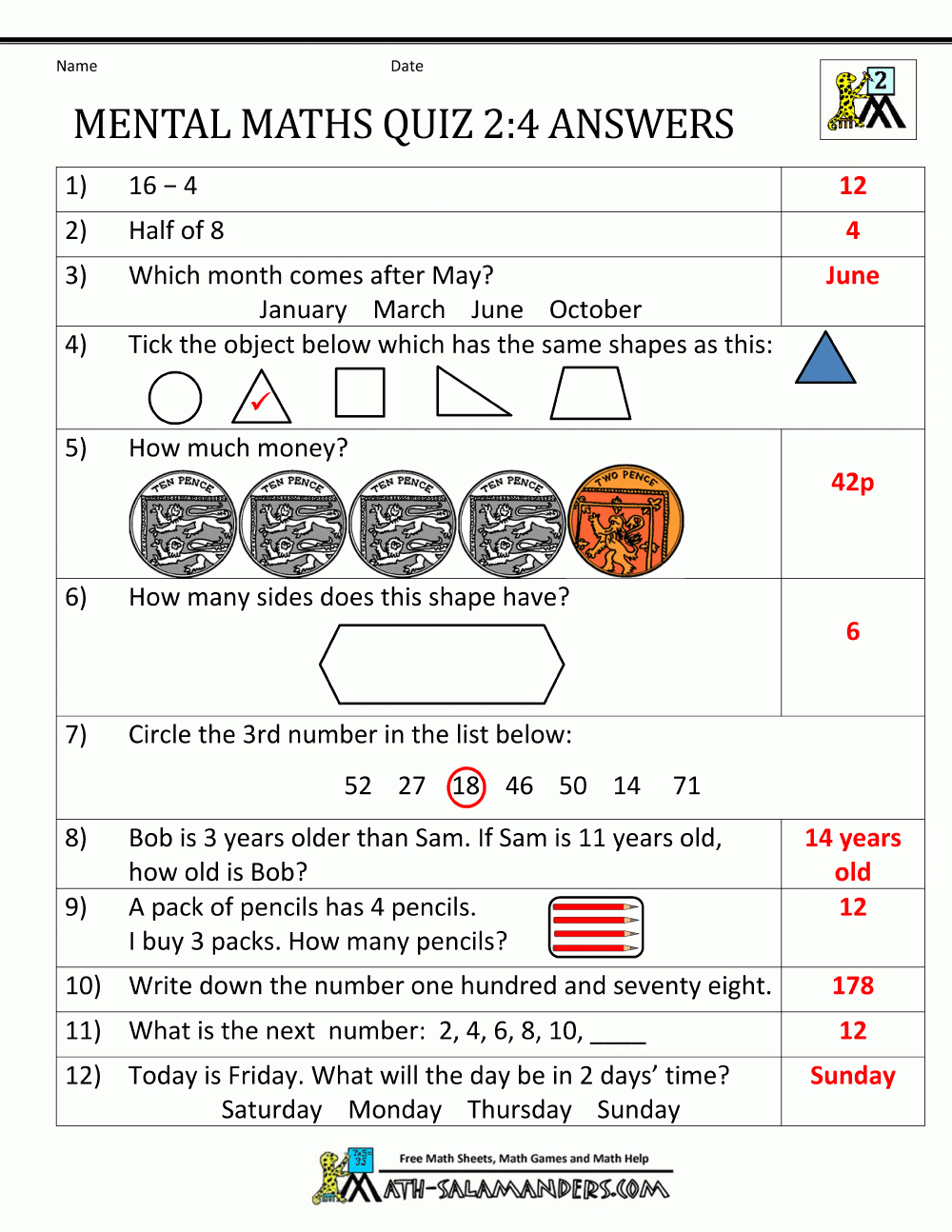 Printable Mental Maths Year 2 Worksheets - Year 2 Free Printable Worksheets