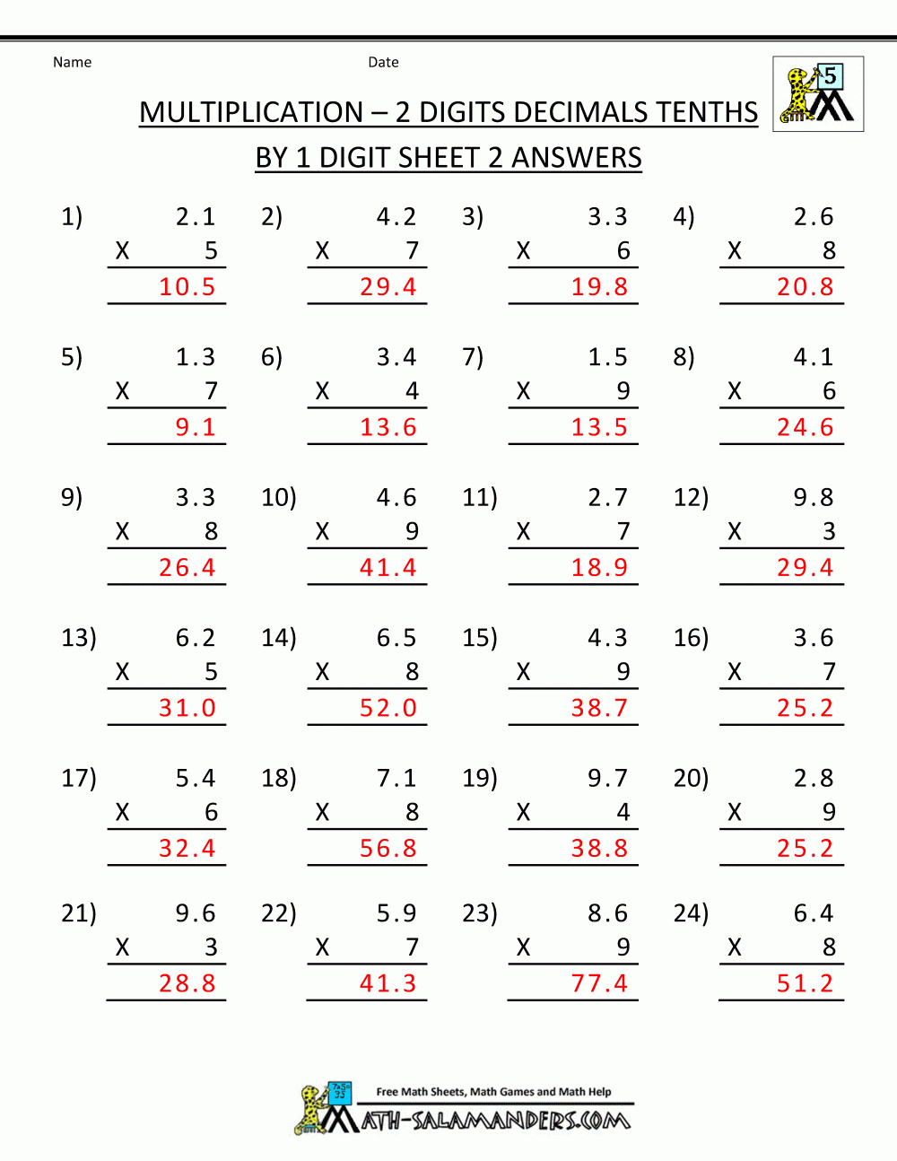 Printable Multiplication Sheets 5Th Grade - Free Printable Multiplying Decimals Worksheets