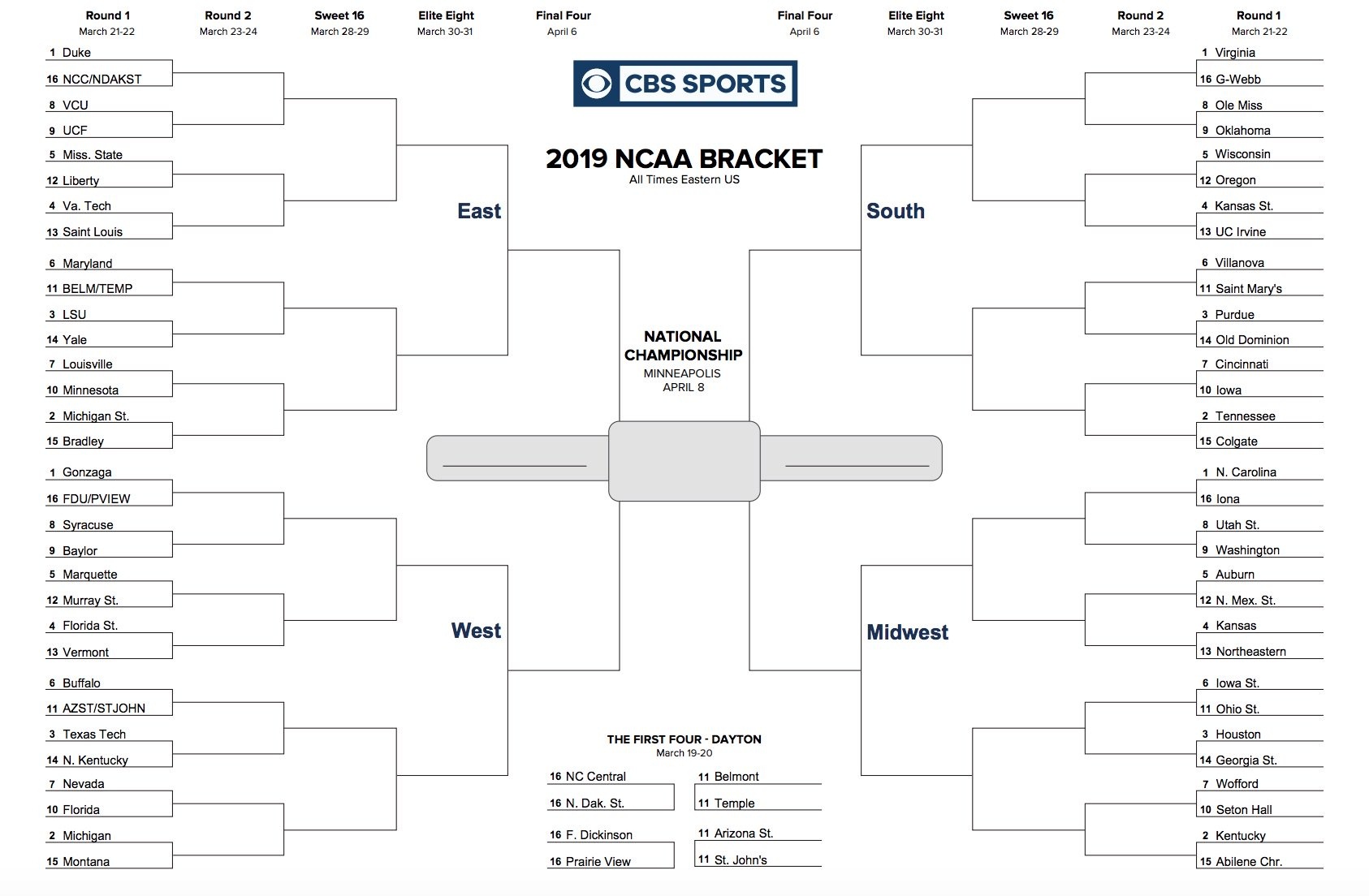 Printable Ncaa Tournament Bracket For March Madness 2019 - Free Printable Brackets