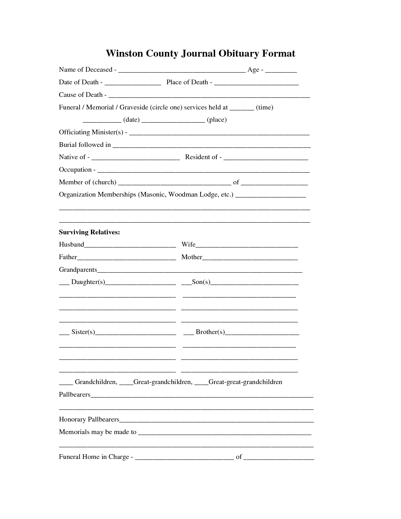 Printable Obituary Template | Fill In The Blank Obituary Template - Free Printable Obituary