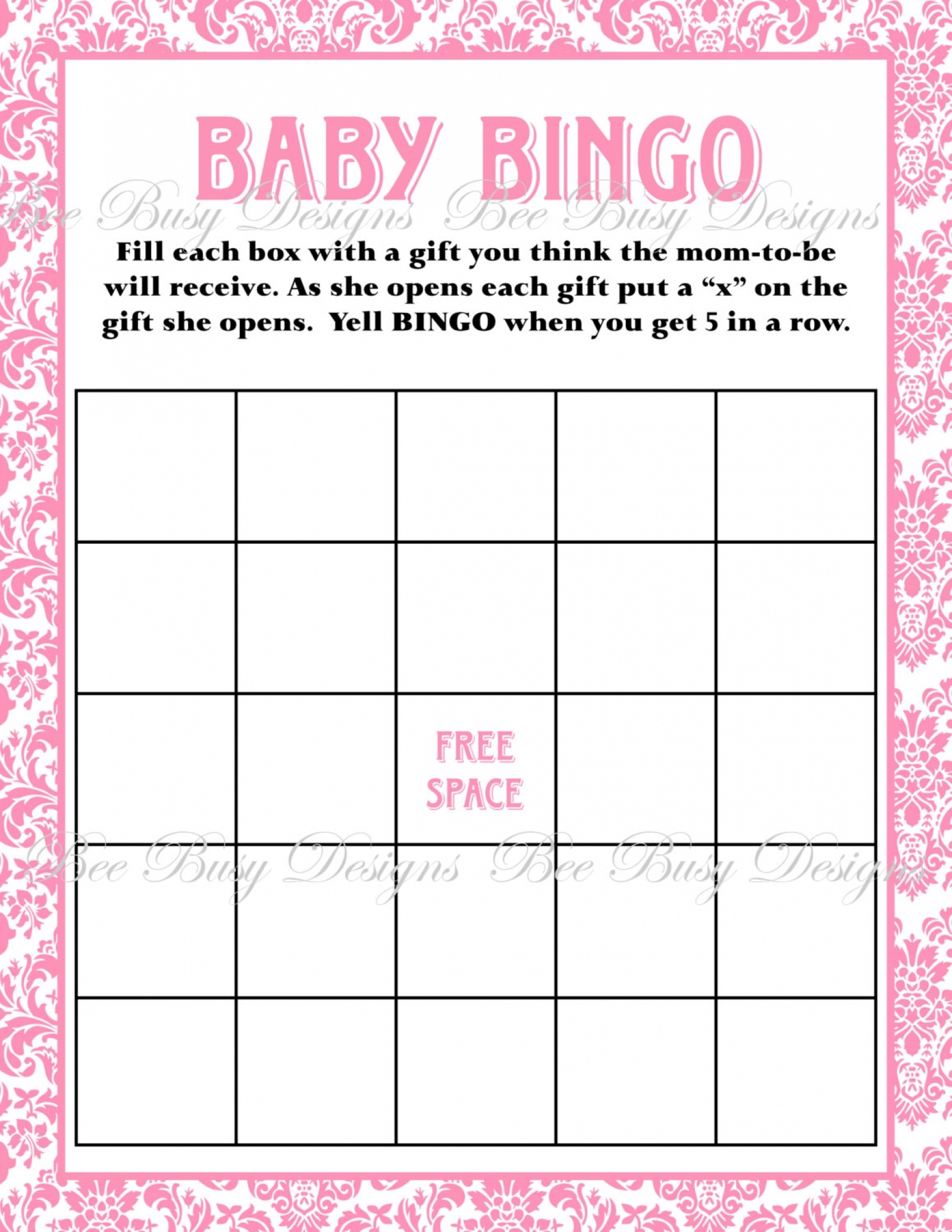 Printable Pink Damask Baby Shower Bingo Game Instant Download | Bee - Printable Baby Shower Bingo Games Free