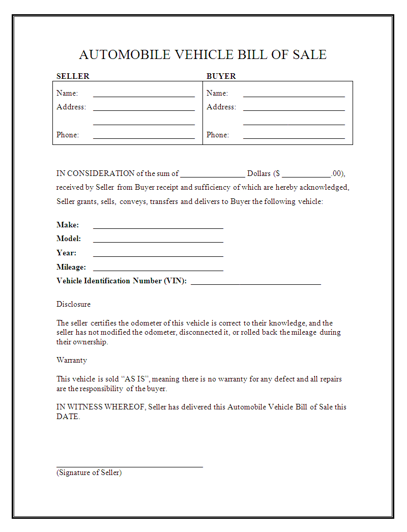 Printable Sample Auto Bill Of Sale Form | Forms And Template In 2019 - Free Printable Blank Auto Bill Of Sale