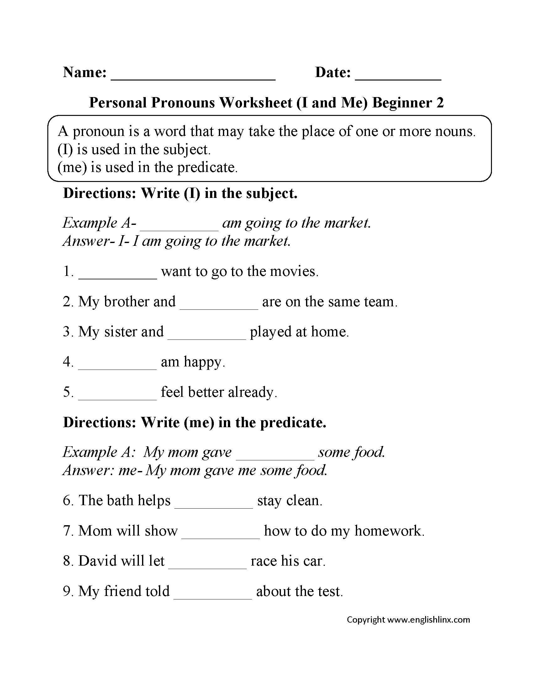 Free Printable Pronoun Worksheets For 2Nd Grade Free Printable