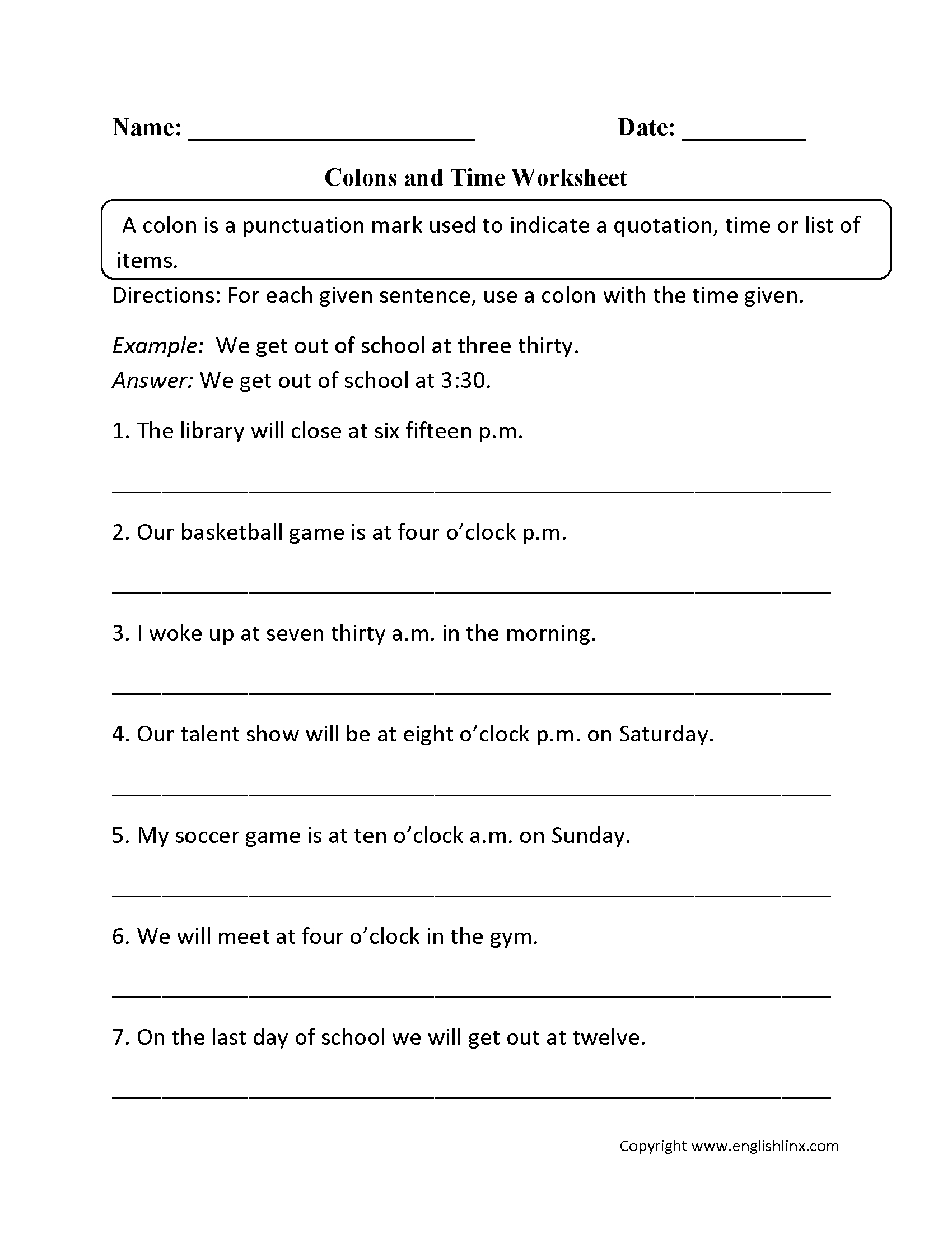 Punctuation Worksheets | Colon Worksheets - Free Printable Third Grade Grammar Worksheets