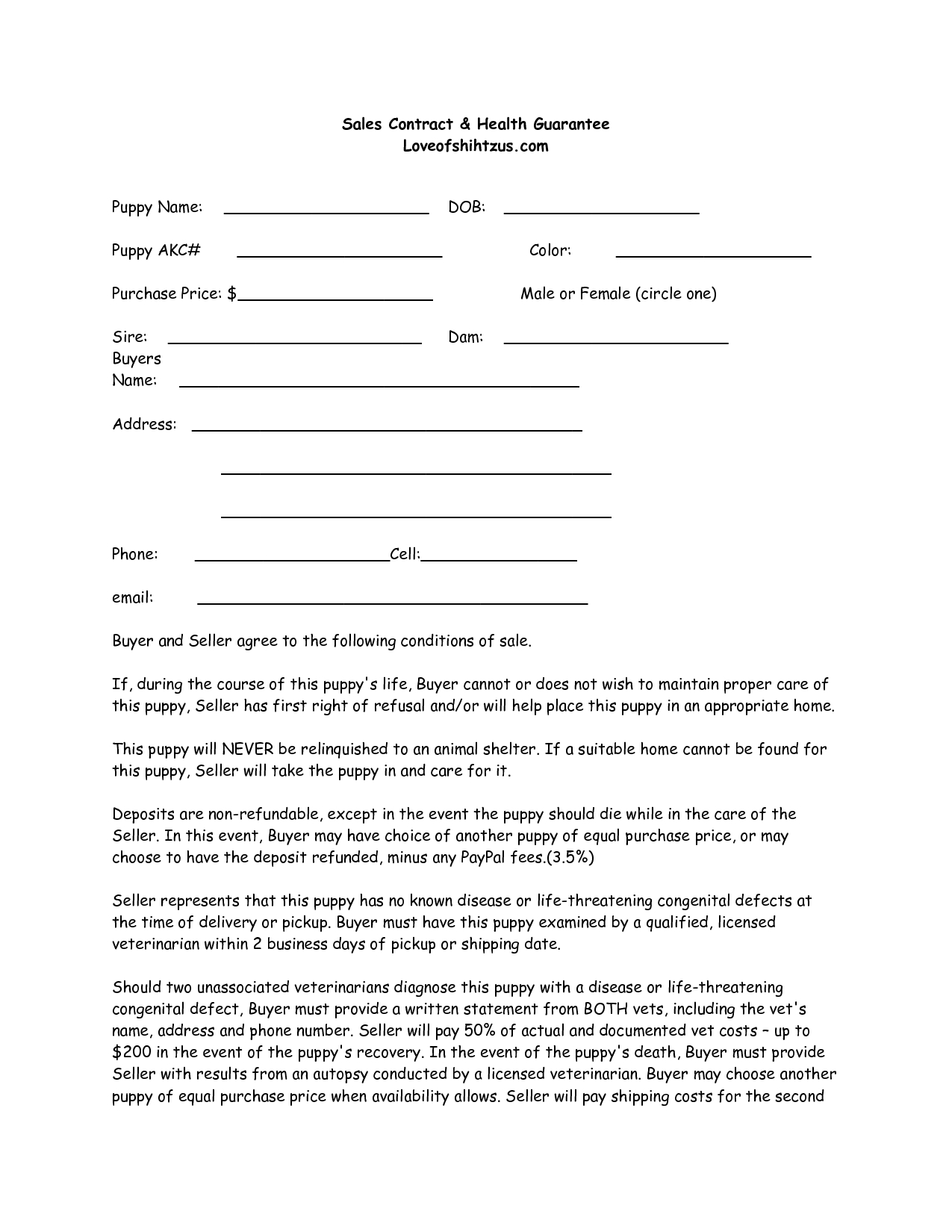 Printable Puppy Sales Receipt
