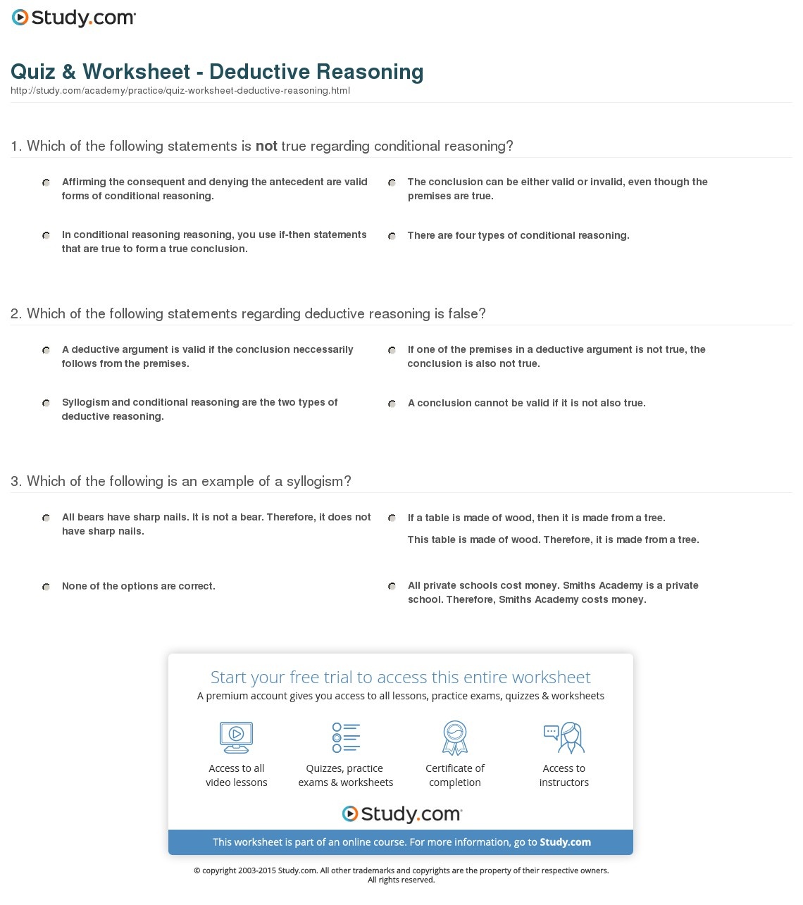 Quiz &amp;amp; Worksheet - Deductive Reasoning | Study - Free Printable Act Practice Worksheets